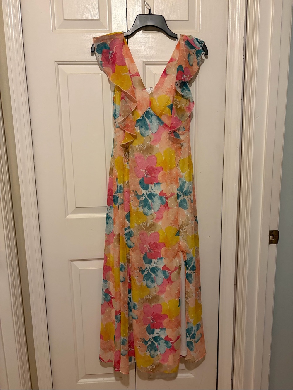 Cato Floral Ruffle V-Neck Maxi Dress in Pink, Yellow & Blue on Cream